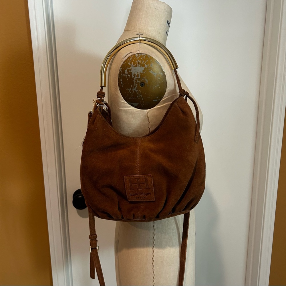 Haute Hippie Tan Suede Hobo Bag with Gold Tone Handle